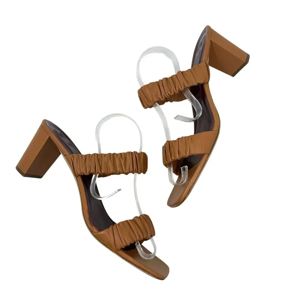 Staud‎ Frankie Ruched Leather Sandals Heels Brown Tan Size 42 US 12